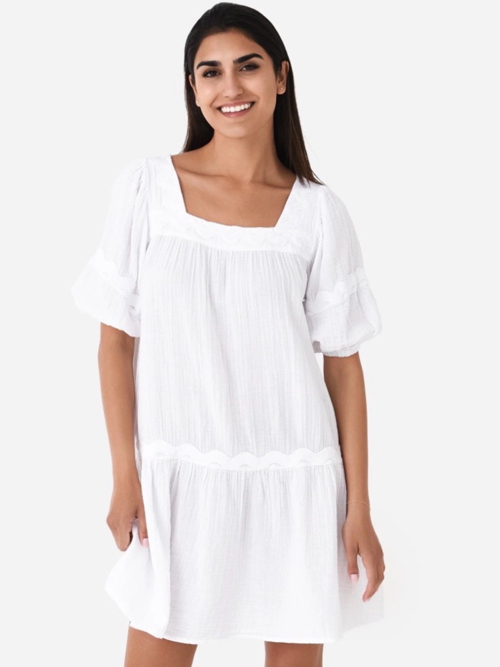 Stark X Square Neck Gauzy Cotton Puff Slv Dress White XS